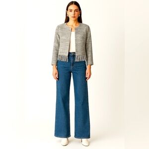 AMANDA UPRICHARD Women’s M Blazer Gray Metallic Neutral Tweed Fringe Crop Jacket